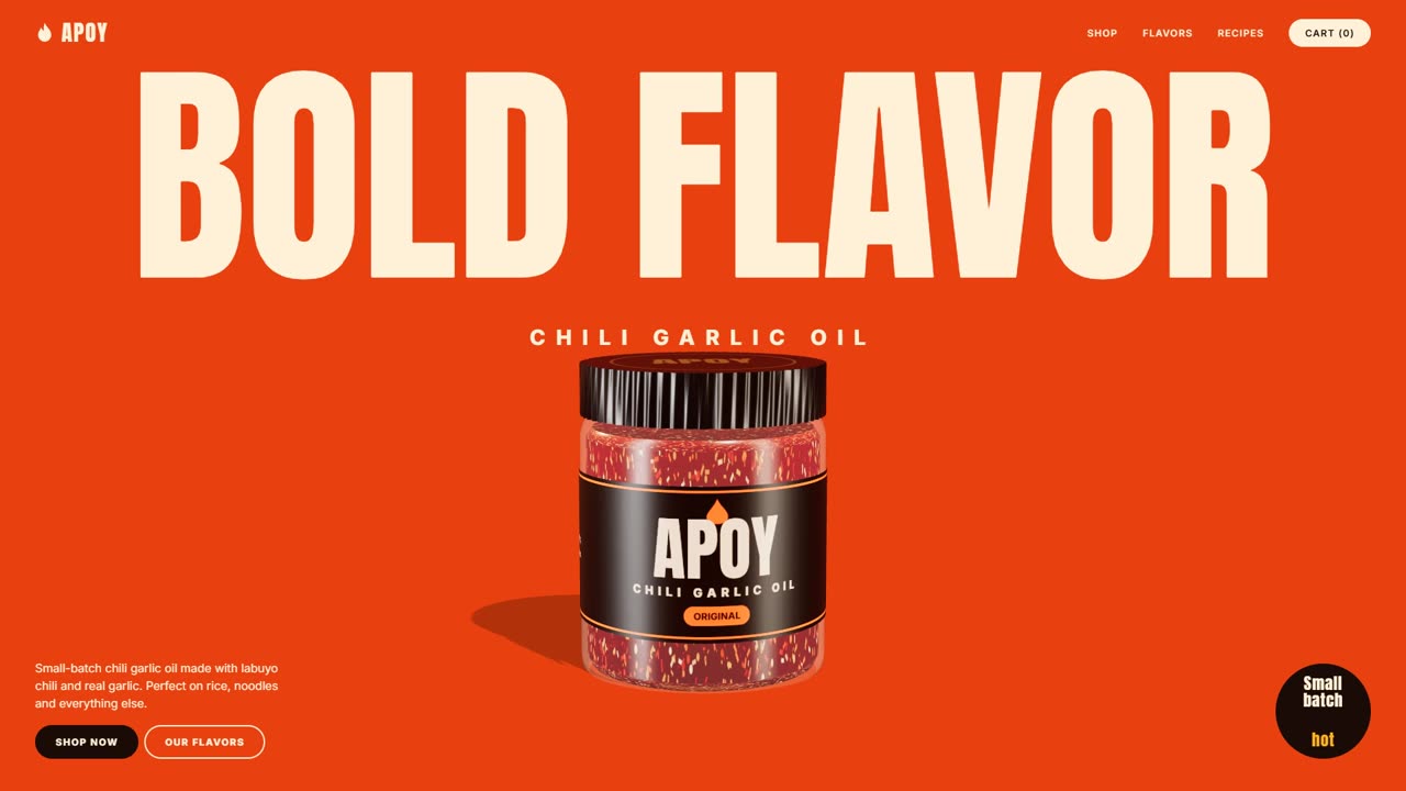 APOY concept site: a jar of chili garlic oil under the words Bold Flavor