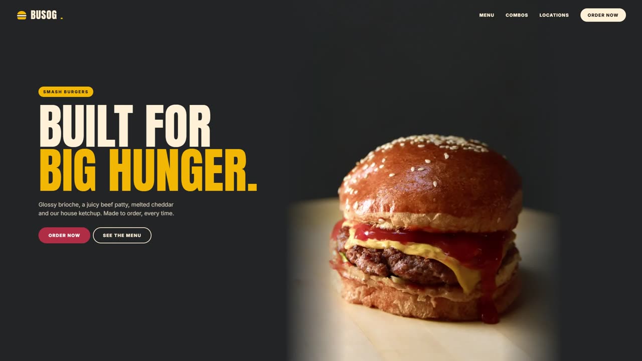 BUSOG concept site: a smash burger beside the words Built for big hunger