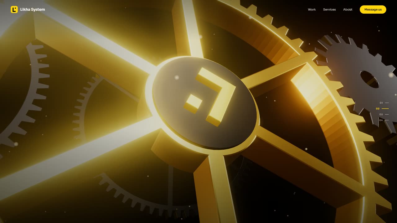 Immersive 3D site: golden gears turning around the Likha Systems mark