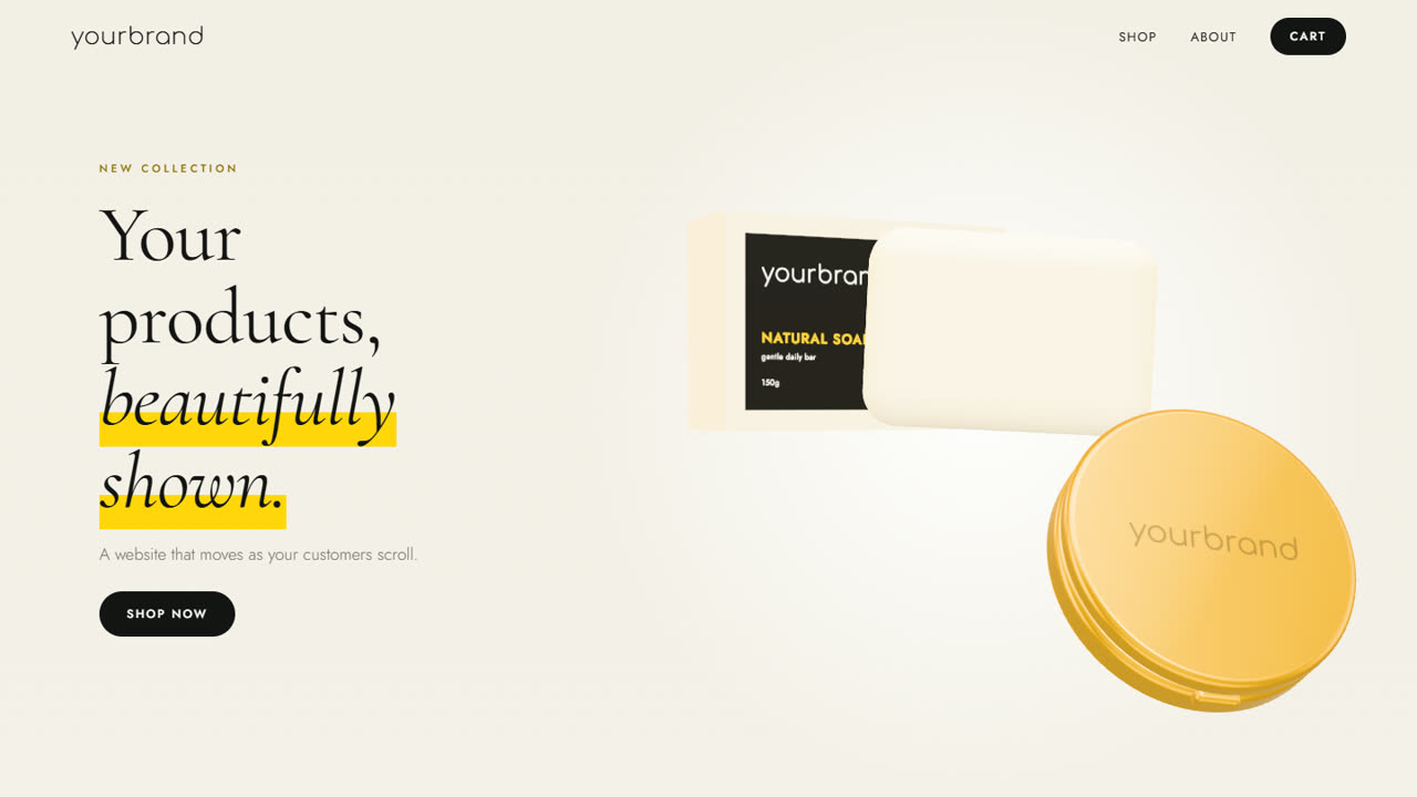 Sample online shop: a bar of soap beside the words Your products, beautifully shown